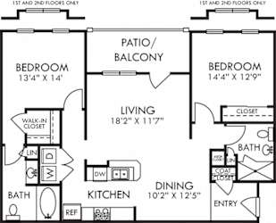 Blanford. 2 bedroom apartment. Kitchen with bartop open to living/dinning rooms. 2 full bathrooms, shower stall in guest. Walk-in closet in master. Patio/balcony.