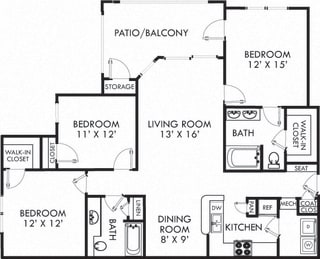 Weatherfield. 3 bedroom apartment. Kitchen with bartop open to living/dinning rooms. 2 full bathrooms, double vanity in master. Walk-in closets. Patio/balcony.