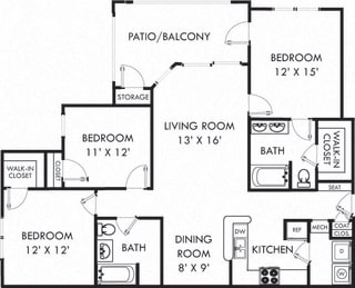 Winchester. 3 bedroom apartment. Kitchen with bartop open to living/dinning rooms. 2 full bathrooms, double vanity in master. Walk-in closets. Patio/balcony.