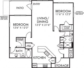 Graham II. 2 bedroom apartment. Kitchen with bartop open to living/dinning rooms. 2 full bathrooms, shower stall in guest. Walk-in closets. Patio/balcony. Storage room.