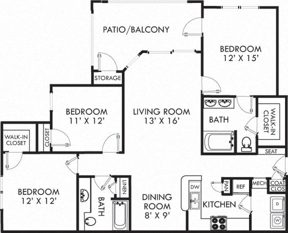 Weatherfield. 3 bedroom apartment. Kitchen with bartop open to living/dinning rooms. 2 full bathrooms, double vanity in master. Walk-in closets. Patio/balcony.