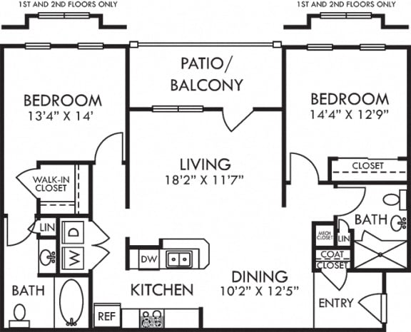 Blanford. 2 bedroom apartment. Kitchen with bartop open to living/dinning rooms. 2 full bathrooms, shower stall in guest. Walk-in closet in master. Patio/balcony.