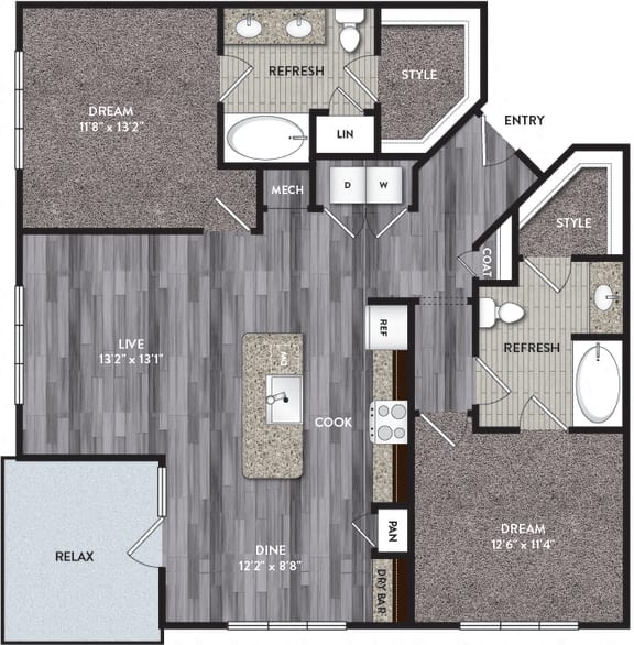 B2 Floor Plan at North Creek Apartments, Hutto, TX, 78634
