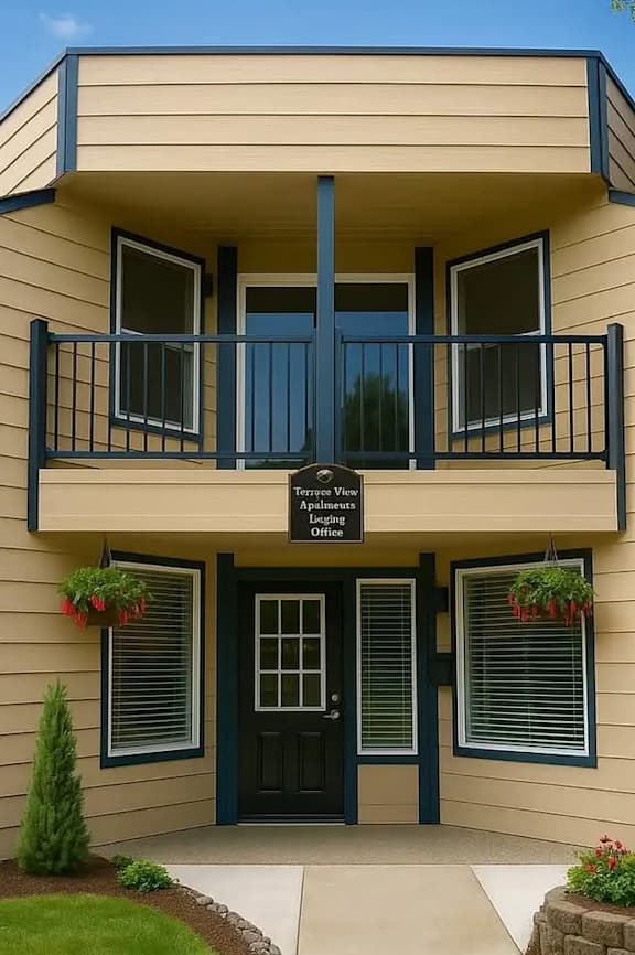 A two-story building with a balcony and a sign that says "Temporary View" and "Apartments".