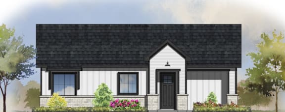 a small white house with a black roof and a black door