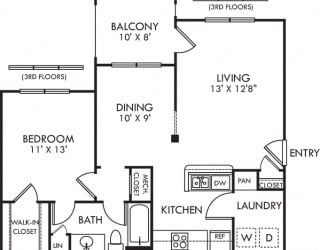 Dogwood. 1 bedroom apartment. Kitchen with bartop open to living/dinning rooms. 1 full bathroom. Walk-in closet. Patio/balcony.