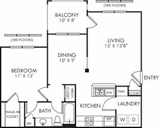 Dogwood. 1 bedroom apartment. Kitchen with bartop open to living/dinning rooms. 1 full bathroom. Walk-in closet. Patio/balcony.