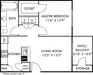 Hawkins 1 bedroom apartment. Kitchen with bartop open to living room. 1 full bathroom. Walk-in closet. Patio/balcony with storage.