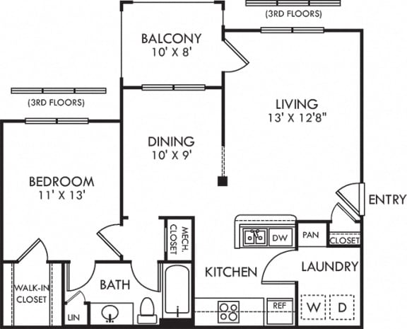 Dogwood. 1 bedroom apartment. Kitchen with bartop open to living/dinning rooms. 1 full bathroom. Walk-in closet. Patio/balcony.