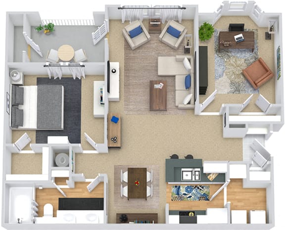 Garrison 3D. 1 bedroom apartment + den. Kitchen with bartop open to living/dinning rooms. 1 full bathroom, double vanity. Walk-in closet. Patio/balcony.