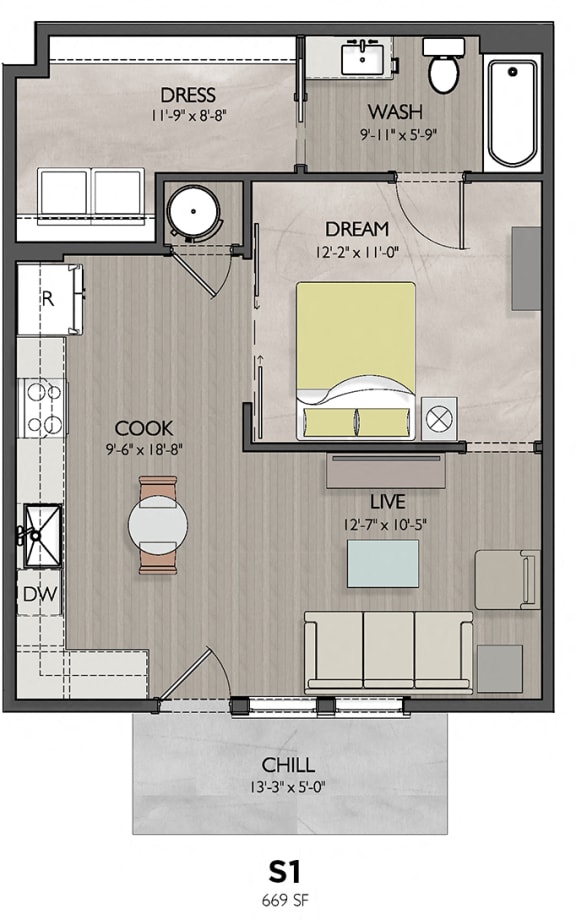 S1 Floor Plan at Vecina Apartment Villas, San Antonio, Texas