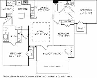 The Lake Placid with Fenced-in Yard. 3 bedroom apartment. Kitchen with bartop open to living/dining rooms. 2 full bathrooms, double vanity in master. Walk-in closets. Patio/balcony open to yard.