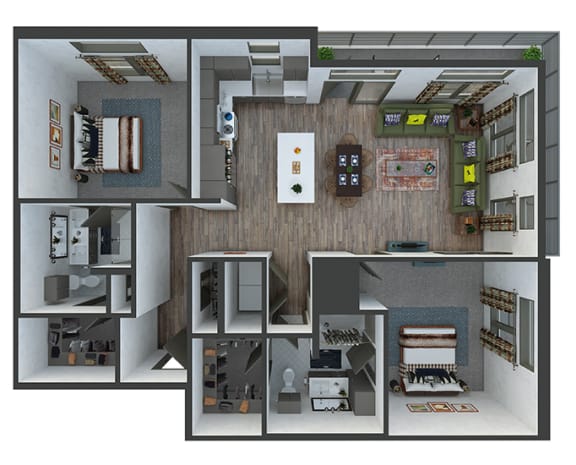 broadway 2 bedroom, 2 bath. L-shaped kitchen with island and pantry. Coat closet in entry hallway. double vanity bath and standalone shower in master. linen closets. washer/dryer. patio/balcony