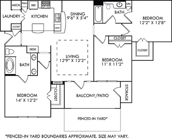 The Lake Placid with Fenced-in Yard. 3 bedroom apartment. Kitchen with bartop open to living/dining rooms. 2 full bathrooms, double vanity in master. Walk-in closets. Patio/balcony open to yard.