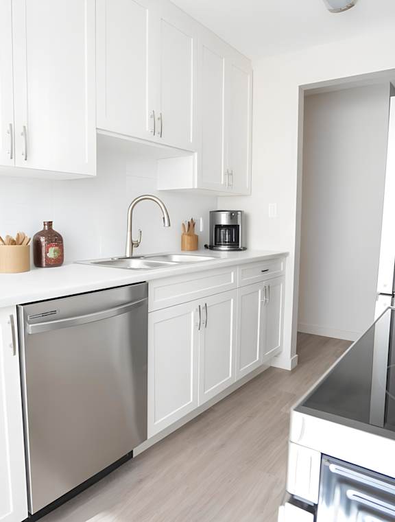 A modern kitchen with white cabinets and stainless steel appliances.