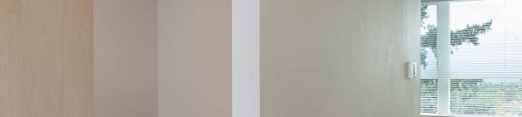 A room with a white wall and a brown door.