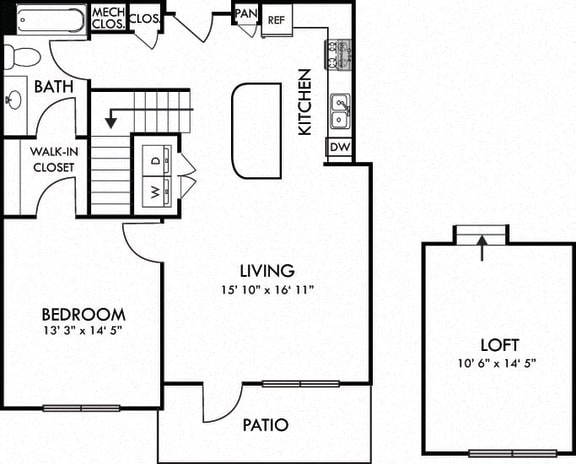 Apex Loft. 1 bedroom apartment with stairs to loft. Kitchen with island open to living room. 1 full bathroom. Walk-in closet. Patio/balcony.