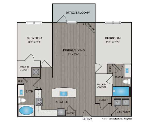 A floor plan of a home with a kitchen, two bedrooms, a bath, a laundry room, and a pantry.