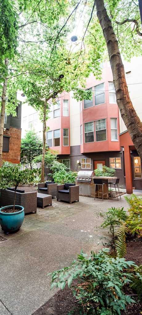 an outdoor courtyard with trees and plants in front of an apartment building