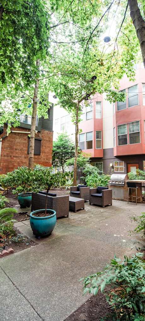 an outdoor courtyard with trees and plants in front of an apartment building