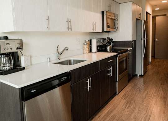 Apartments for Rent Seattle, WA - Apartment Entryway to Kitchen with Stainless Appliances, Modern Cabinetry, and Hardwood Flooring at Icon Apartments, Washington, 98104