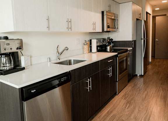 Apartments for Rent Seattle, WA - Apartment Entryway to Kitchen with Stainless Appliances, Modern Cabinetry, and Hardwood Flooring at Icon Apartments, Washington, 98104