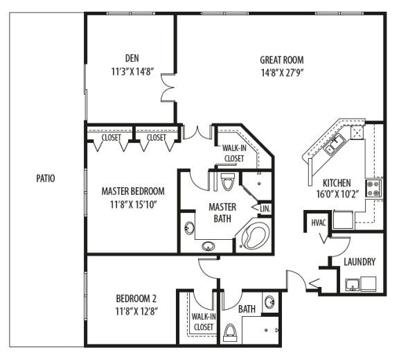 Floor Plan  Boardwalk 28 with Den 2 Bed 2 Bath, 1,872 Sq.Ft. Floor Plan at Two Itasca Place, Illinois, 60143