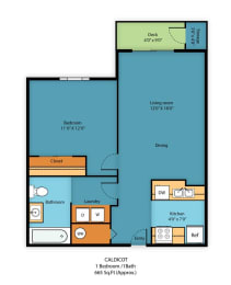 1 Bedroom Floor Plan at Camelot Apartment Homes, Everett, 98204