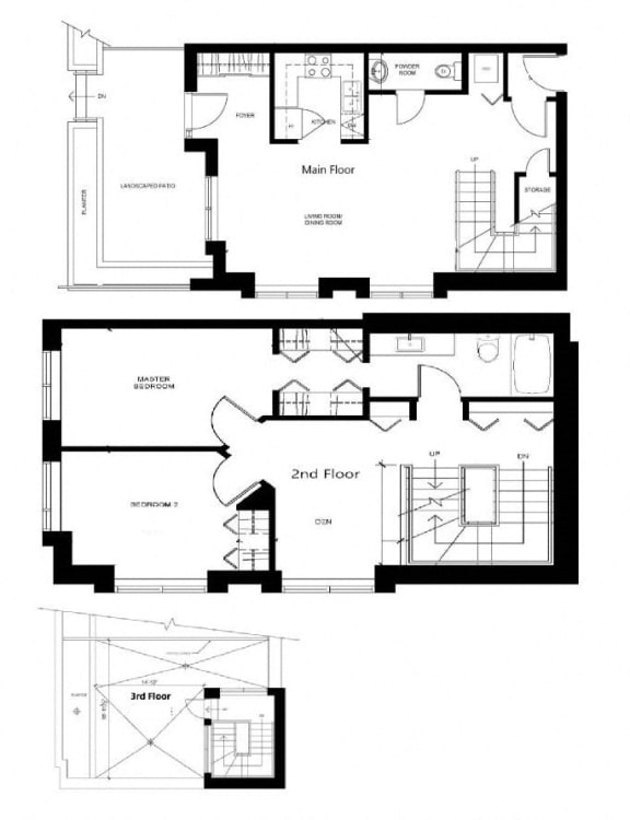 2 bedroom 2 bathroom townhouse floor plan at Wesley Place apartment in Vancouver, British Columbia