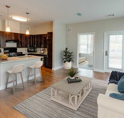 a living room and kitchen with a couch and a table