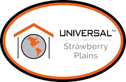 A logo with the text "UNIVERSAL at Strawberry Plains" and a graphic of a house with a globe inside it.