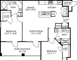 Barcelona. 2 bedroom apartment. Kitchen with bartop open to living room. 2 full bathrooms, double vanities. Walk-in closets. Patio/balcony. External storage.