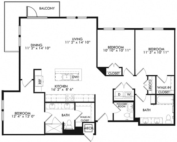 The Zulu floorplan with 3 bedrooms, powder room, 2 baths one with standalone shower. Kitchen with Island open to dining and living area.