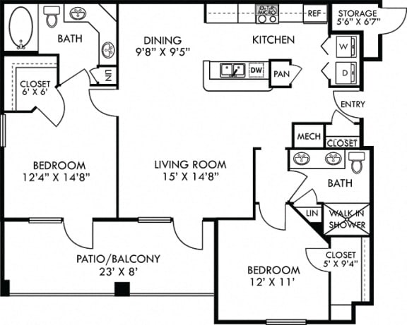 Barcelona. 2 bedroom apartment. Kitchen with bartop open to living room. 2 full bathrooms, double vanities. Walk-in closets. Patio/balcony. External storage.