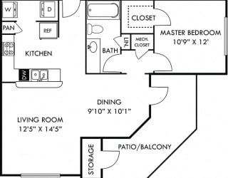 Cade 1 bedroom apartment. Kitchen with bartop open to living & dining rooms. 1 full bathroom. Walk-in closet. Patio/balcony with storage.