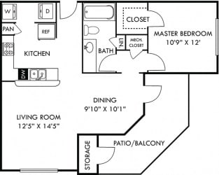 Cade 1 bedroom apartment. Kitchen with bartop open to living & dining rooms. 1 full bathroom. Walk-in closet. Patio/balcony with storage.