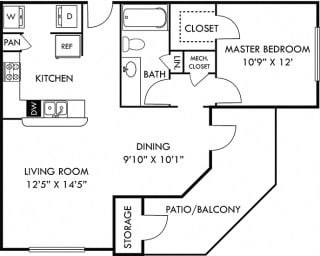 Cade 1 bedroom apartment. Kitchen with bartop open to living &amp; dining rooms. 1 full bathroom. Walk-in closet. Patio/balcony with storage.
