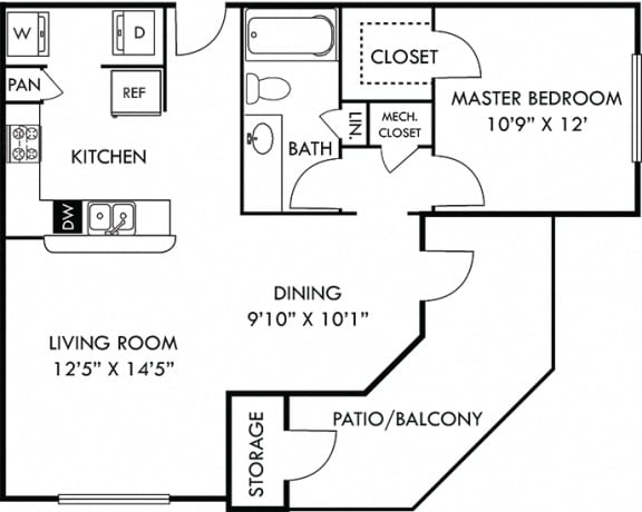 Cade 1 bedroom apartment. Kitchen with bartop open to living & dining rooms. 1 full bathroom. Walk-in closet. Patio/balcony with storage.
