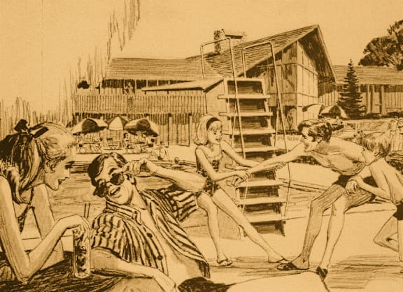 illustration of people playing by a pool