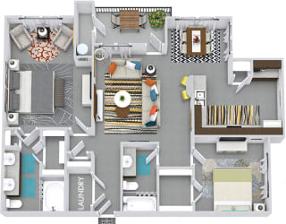 Rainey 3D 2 bedroom apartment. Kitchen with bartop open to living & dining rooms. Coffee bar in kitchen. 2 full bathrooms, double vanity in master. Walk-in closet in both bedrooms. Patio/balcony.