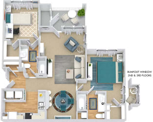 Honeysuckle 3D. 2 bedroom apartment. Kitchen with bartop open to living/dinning rooms. 2 full bathrooms. Walk-in closets. Patio/balcony with storage.