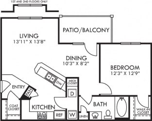 Aden. 1 bedroom apartment. Kitchen with bartop open to living/dinning rooms. 1 full bathroom. Walk-in closet. Patio/balcony.