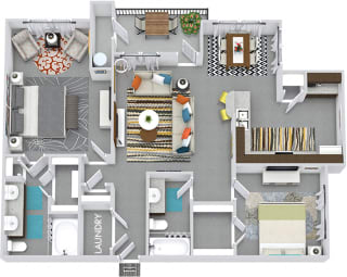 Rainey 3D 2 bedroom apartment. Kitchen with bartop open to living &amp; dining rooms. Coffee bar in kitchen. 2 full bathrooms, double vanity in master. Walk-in closet in both bedrooms. Patio/balcony.