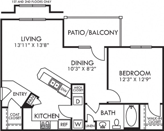 Aden. 1 bedroom apartment. Kitchen with bartop open to living/dinning rooms. 1 full bathroom. Walk-in closet. Patio/balcony.