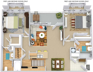 Blanford 3D. 2 bedroom apartment. Kitchen with bartop open to living/dinning rooms. 2 full bathrooms, shower stall in guest. Walk-in closet in master. Patio/balcony.