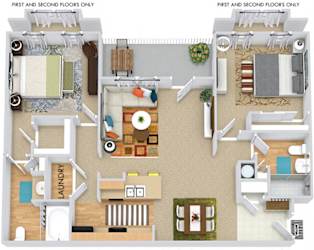Blanford 3D. 2 bedroom apartment. Kitchen with bartop open to living/dinning rooms. 2 full bathrooms, shower stall in guest. Walk-in closet in master. Patio/balcony.