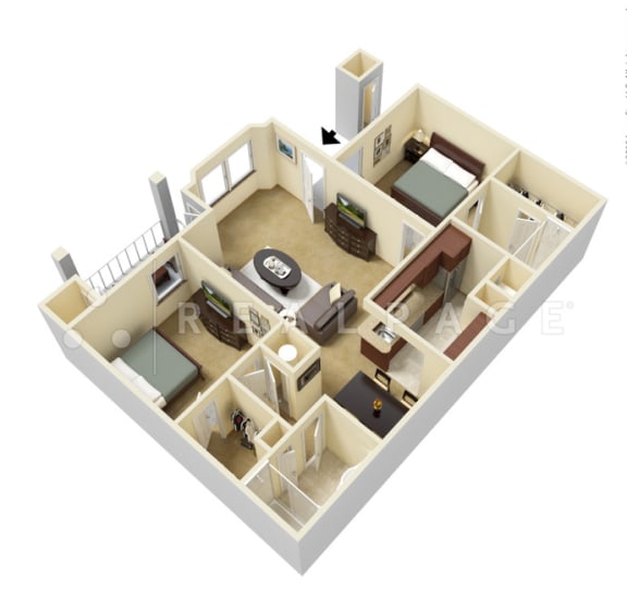 this is an image of a 3d floor plan of a 2 bedroom apartment