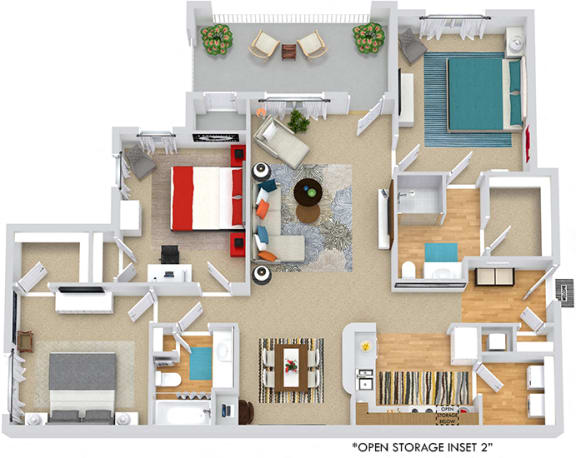Cypress 3D. 3 bedroom apartment. Kitchen with bartop open to living/dinning rooms. 2 full bathrooms, shower stall in master. Walk-in closets. Patio/balcony with storage.