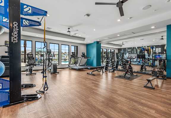 A gym with a variety of equipment including treadmills, weights, and exercise machines.