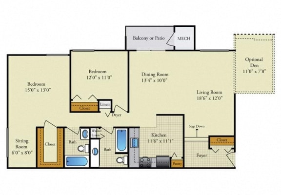 2 Bed 2 Bath Floor Plan at The Forest, Rockville, Maryland
